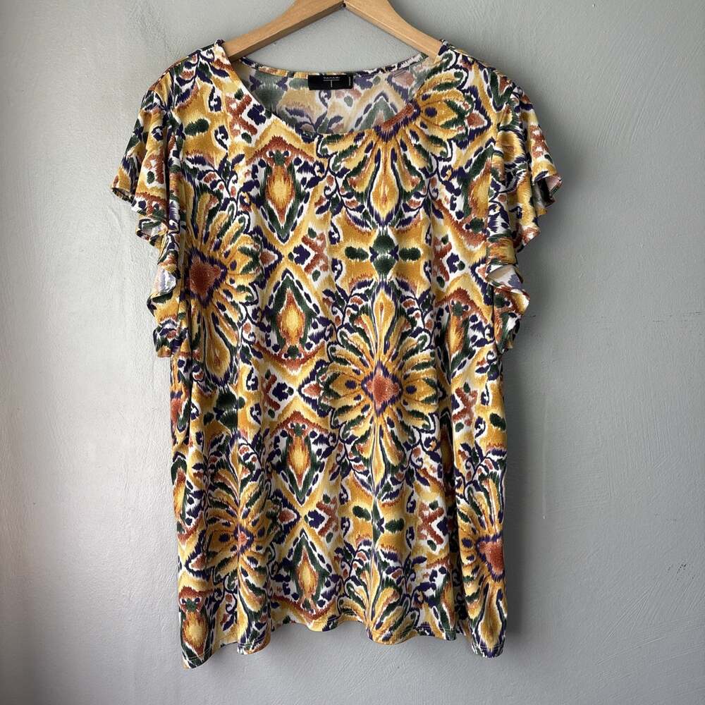 Tahari Top Plus Size 2X Sunflower Boho Floral Stretch Knit Ruffle Sleeve Travel